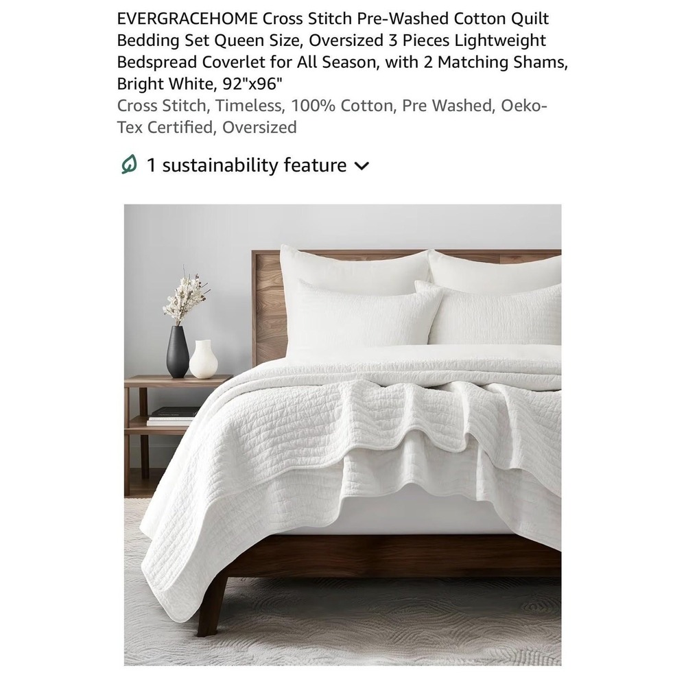 EverGrace Queen Quilt Set 100% Cotton Cross Stitch 3 Piece White Lightweight - Picture 9 of 11